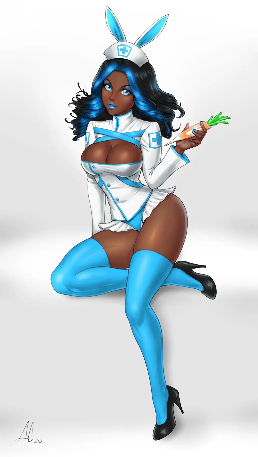 Image breasts,female,female_only,long_hair,long_sleeves,shiny_skin,white_background,black_hair,blue_eyes,blue_hair,thighhighs,panties,thick_thighs,two_tone_hair,dark_skin,muscular,eyelashes,round_ass,round_breasts,wavy_hair,medium_breasts,sitting,stockings,bunny_ears,bunny_girl,dark-skinned_female,miniskirt,high_heels,artist_signature,eyeshadow,lipstick,fully_clothed,uniform,painted_nails,black_high_heels,boob_window,muscular_thighs,bunny_costume,nurse_cap,bunnygirl,legs_crossed,blue_thighhighs,blue_lipstick,blue_panties,hair_over_shoulder,blue_eyeshadow,nurse,nurse_uniform,nurse_clothing,blue_fingernails,bunny_ear,thermometer,blue_stockings,holding_carrot,holding_thermometer,ladydreammaker,light_blue_lipstick