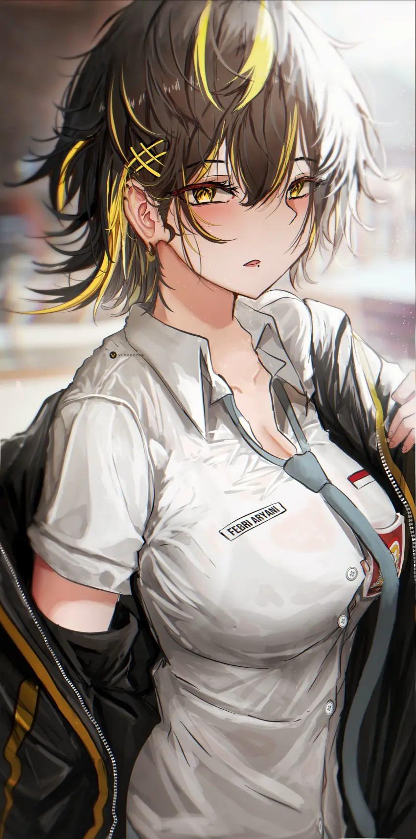 Image 1girls,big_breasts,blush,breasts,collared_shirt,female,looking_at_viewer,shirt,black_hair,short_hair,yellow_eyes,bra,looking_back,two_tone_hair,solo_female,solo_focus,schoolgirl,original,original_character,teenager,mole,school_uniform,indoors,tight_clothing,white_shirt,see-through,ear_piercing,oc,mole_under_mouth,yellow_hair,see-through_clothing,uniform,indoor,open_jacket,short_hair_female,beauty_mark,beauty_spot,student,no_sex,school_girl,removing_clothing,high_school_student,flag,collared,workplace,febri_aryani_(vloodozer),indonesia,indonesian,indonesian_flag,indonesian_high_school_uniform,indonesian_school_uniform,vloodozer,beauty_mark_under_mouth