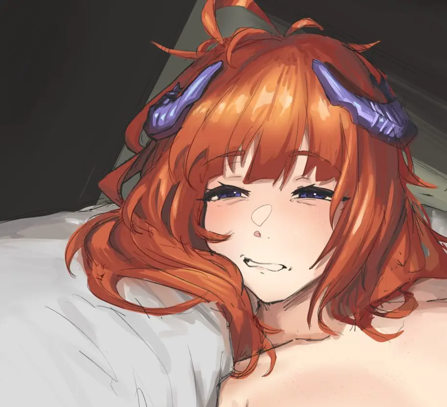 Image female,hi_res,long_hair,solo,nude,arknights,horns,collarbone,orange_hair,nude_female,parted_lips,half-closed_eyes,purple_eyes,light_blush,pillow,meme,dragon_girl,messy_hair,looking_afar,dragon_horns,waking_up,sleepy,radioneet,bagpipe_(arknights),limmy_waking_up_(meme)