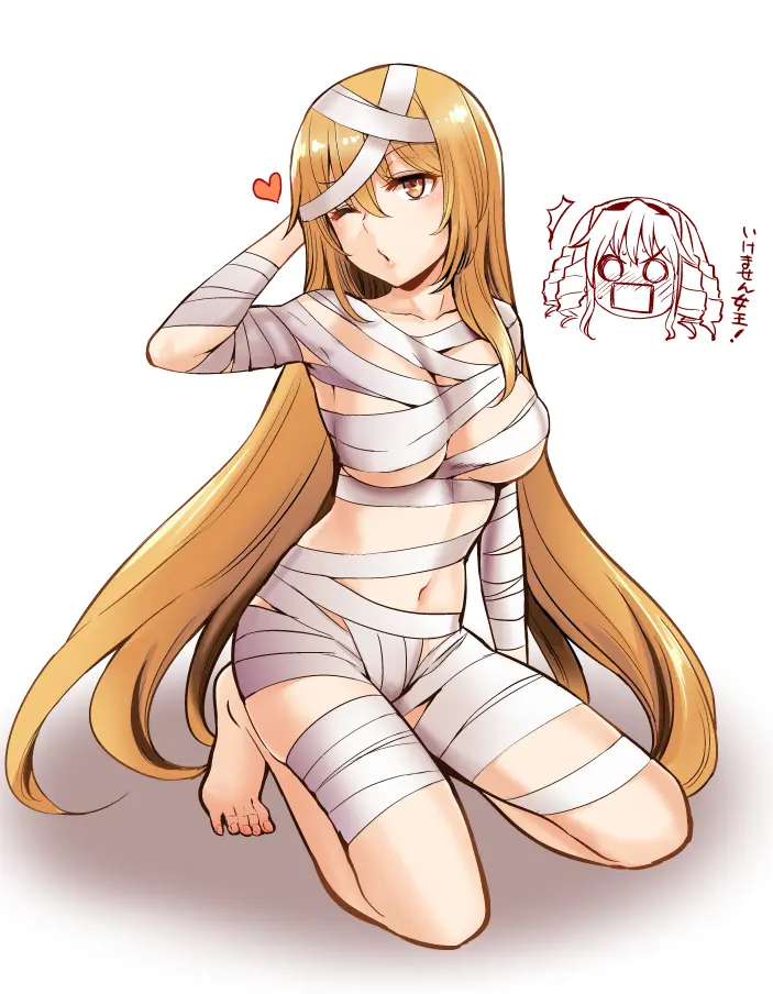 Image blush,breasts,female,large_breasts,2girls,multiple_girls,yellow_eyes,seductive,blonde_hair,one_eye_closed,teenager,teenage_girl,heart,young,blonde_female,younger_female,shokuhou_misaki,sparkling_eyes,to_aru_majutsu_no_index,to_aru_kagaku_no_railgun,partially_nude,to_aru_kagaku_no_mental_out,mummy,mummy_costume,nogi_yasuhito,hokaze_junko