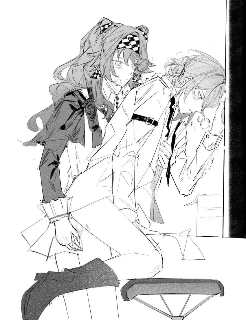 Image blush,female,highres,long_hair,long_sleeves,open_clothes,open_shirt,shirt,2girls,multiple_girls,parted_lips,trembling,monochrome,closed_mouth,grabbing,grabbing_another's_breast,grabbing_from_behind,yuri,commentary_request,no_pants,breath,boots,hair_bun,single_side_bun,chinese_commentary,greyscale,two_side_up,checkered_hairband,reverse:1999,sonetto_(reverse:1999),vertin_(reverse:1999),pussy_juice_on_fingers,after_fingering,super_zenggg