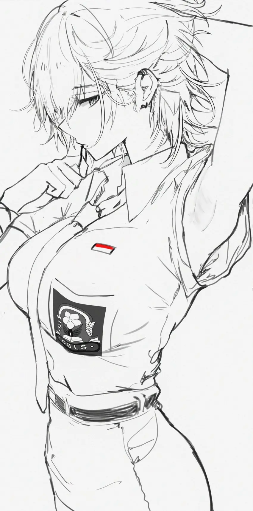 Image big_breasts,breasts,female,large_breasts,looking_at_viewer,short_hair,earrings,wide_hips,armpits,schoolgirl,original,original_character,school_uniform,black_and_white,skirt,slim_waist,ear_piercing,belt,oc,sketch,sketch_page,necktie,arm_up,tie,armpit,schoolgirl_uniform,pointy_chin,side_eye,hair_pulled_back,febri_aryani_(vloodozer),vloodozer