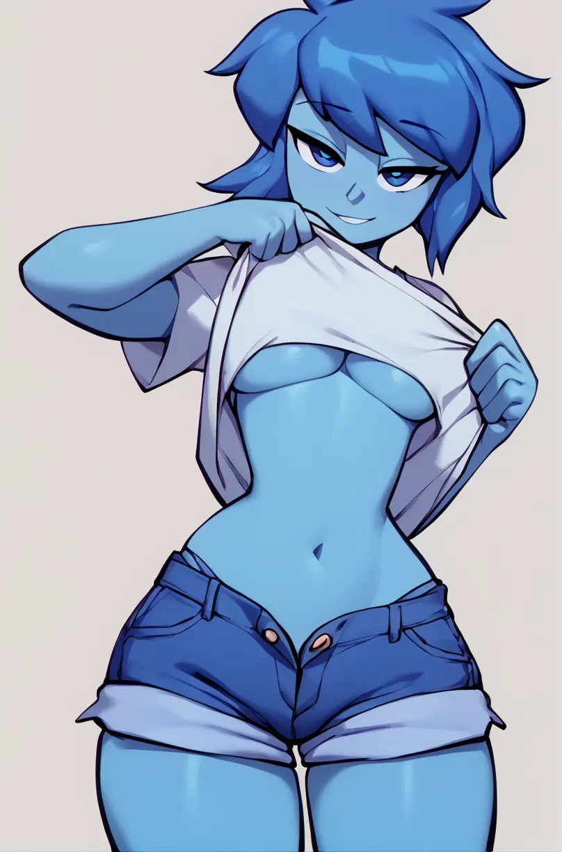 Image breasts,female,female_only,solo,humanoid,ai_generated,underboob,aidude,shorts,alien_girl,blue_skin,short_shorts,lifting_shirt,lapis_lazuli_(steven_universe),semi-genderless,semi-genderless_female
