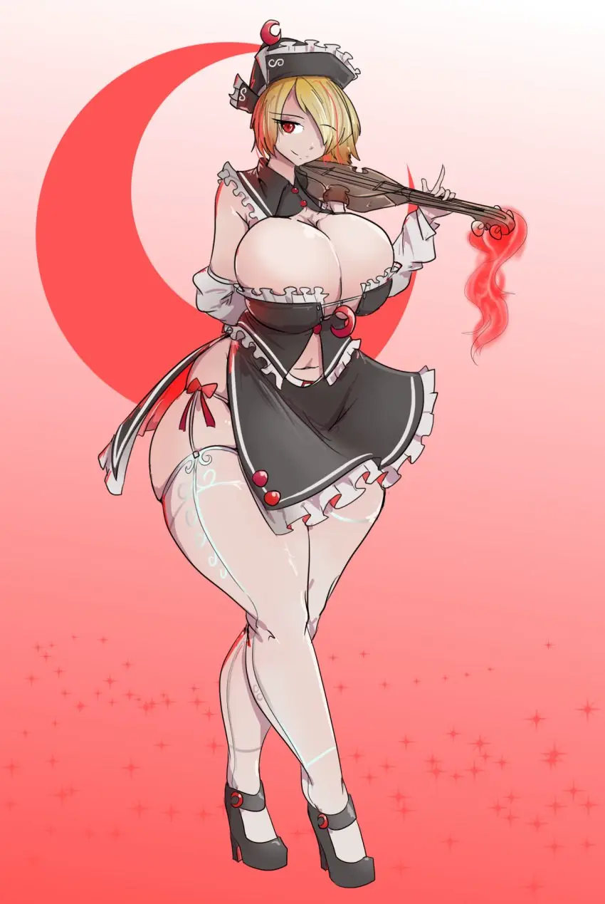 Image 1girls,big_breasts,breasts,clothed,female,large_breasts,looking_at_viewer,red_eyes,smile,solo,standing,touhou,short_hair,thighhighs,hat,thick_thighs,thighs,hair_over_one_eye,wide_hips,hips,belly,belly_button,cleavage,clothed_female,huge_breasts,2d,blonde_hair,detached_sleeves,ghost,skirt,alternate_breast_size,shoes,garter_straps,vest,ghost_girl,barely_contained,greenm,source,musical_instrument,violin,instrument,cropped_vest,lunasa_prismriver