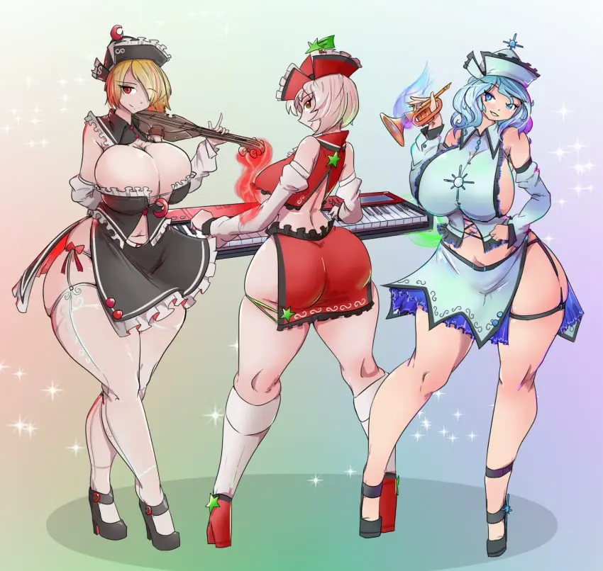 Image big_breasts,breasts,clothed,female,female_only,large_breasts,long_hair,looking_at_viewer,red_eyes,smile,standing,touhou,blue_eyes,blue_hair,multiple_girls,short_hair,thighhighs,ass,big_ass,hat,huge_ass,looking_back,thick_thighs,thighs,hair_over_one_eye,wide_hips,hips,bare_shoulders,belly,belly_button,cleavage,clothed_female,sideboob,huge_breasts,fat_ass,2d,blonde_hair,socks,detached_sleeves,ghost,skirt,sisters,alternate_breast_size,large_ass,3girls,looking_back_at_viewer,shoes,facing_viewer,bare_legs,garter_straps,vest,facing_away,ghost_girl,looking_to_the_side,dat_ass,barely_contained,greenm,source,musical_instrument,bleached_blonde_hair,high_socks,heavenly_ass,violin,instrument,bleached_hair,cropped_vest,lunasa_prismriver,merlin_prismriver,trumpet,keyboard_instrument,lyrica_prismriver,piano,synthesizer