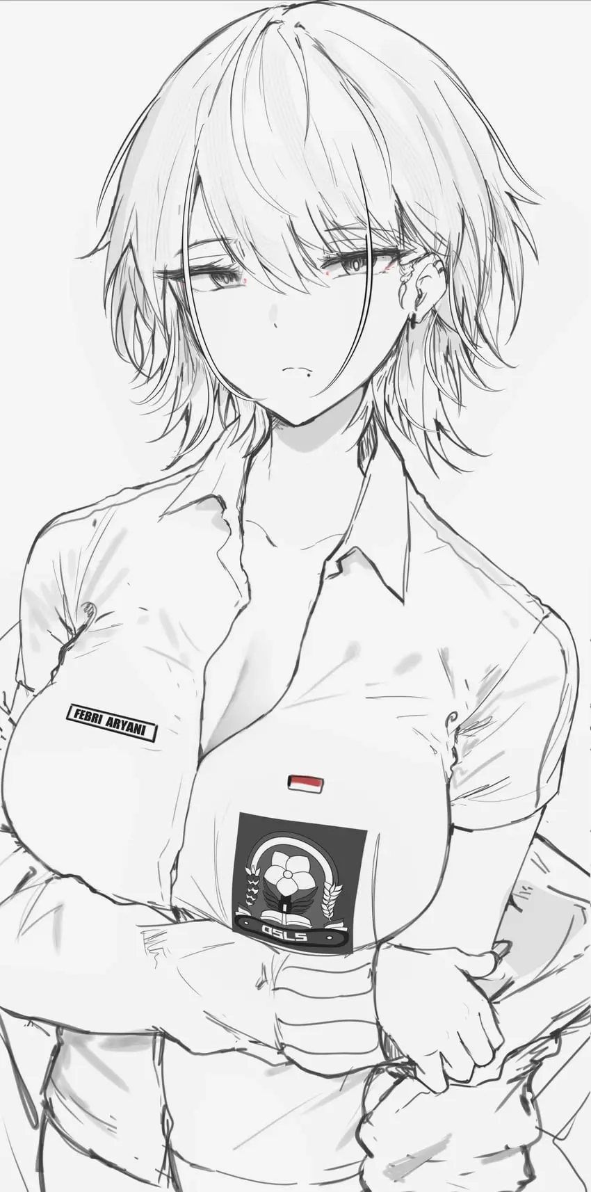 Image big_breasts,breasts,female,looking_at_viewer,open_shirt,short_hair,schoolgirl,tied_hair,original,original_character,teenager,school_uniform,black_panties,tight_clothing,ear_piercing,oc,sketch,sketch_page,crossed_arms,tie,open_jacket,arms_under_breasts,schoolgirl_uniform,pointy_chin,workplace,febri_aryani_(vloodozer),indonesia,indonesian,indonesian_flag,indonesian_high_school_uniform,indonesian_school_uniform,vloodozer,arms_holding_breasts_up