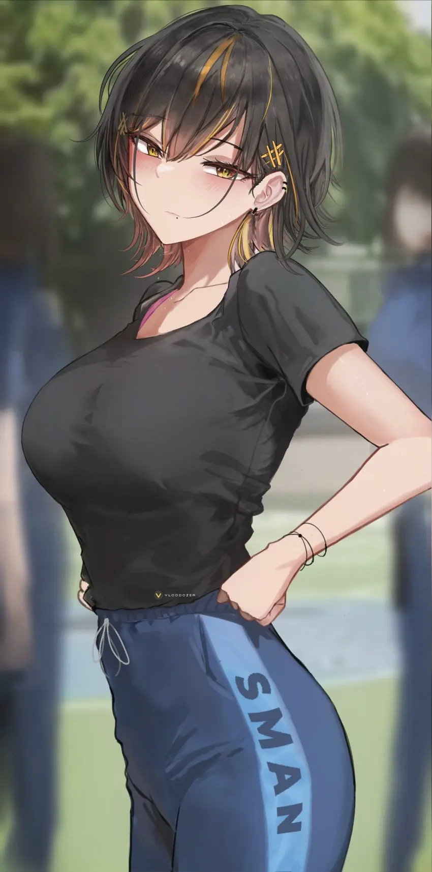 Image big_breasts,blush,breasts,female,looking_at_viewer,black_hair,yellow_eyes,two_tone_hair,sportswear,side_view,sideboob,schoolgirl,original,original_character,teenager,slim_waist,ear_piercing,shorts,oc,yellow_hair,hands_on_hips,sports_uniform,pointy_chin,pulling_up_pants,febri_aryani_(vloodozer),indonesia,indonesian,indonesian_flag,indonesian_high_school_uniform,indonesian_school_uniform,vloodozer,indonesian_gym_uniform