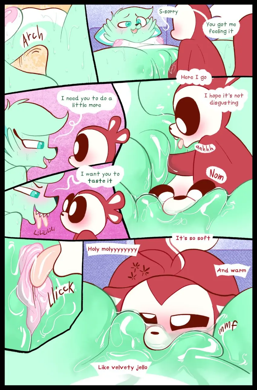 Image blush,breasts,female,hi_res,nipples,open_mouth,male,nude,oral,pussy,sweat,tongue_out,tongue,sex,duo,areola,teeth,anthro,text,vaginal_penetration,absurd_res,comic,genital_fluids,bodily_fluids,genitals,fangs,cunnilingus,english_text,small_but_hung,buckteeth,vaginal_fluids,border,black_border,chikn_nuggit,kaboozey,hawt_saus_(chikn_nuggit),slushi_(chikn_nuggit)