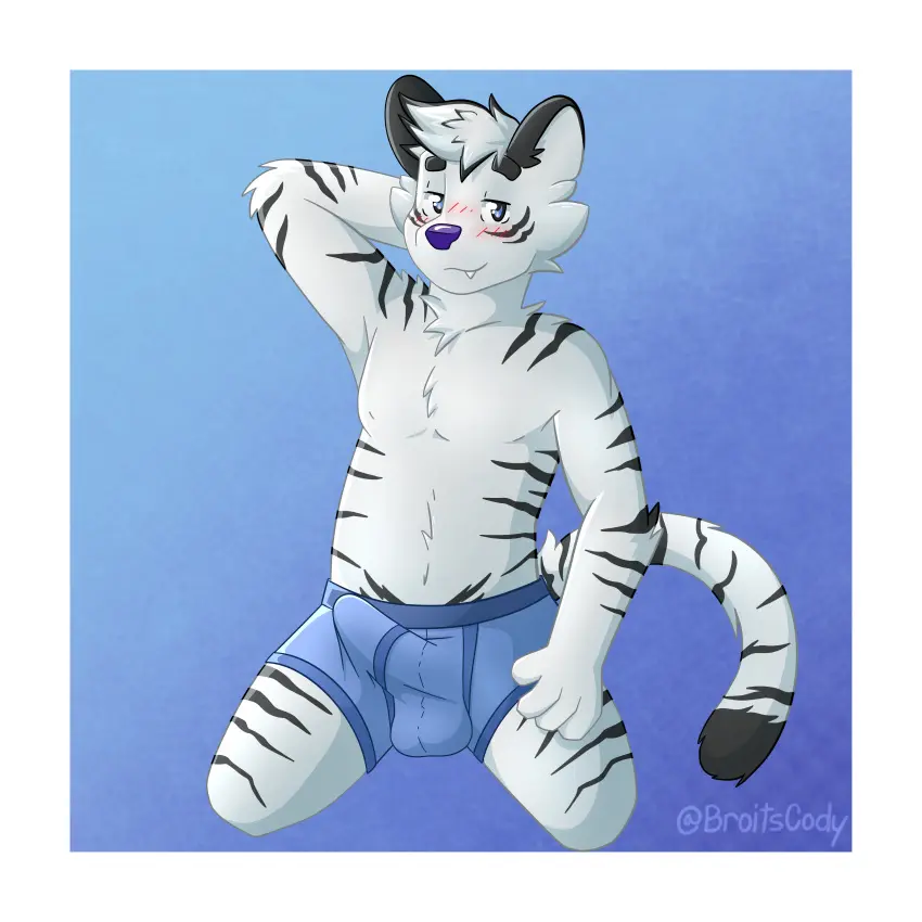 Image blush,clothed,clothing,hi_res,looking_at_viewer,simple_background,solo,white_hair,black_hair,blue_eyes,male,tail,black_tail,underwear,erection,multicolored_hair,two_tone_hair,watermark,male_only,ear,balls,hair,anthro,absurd_res,smug,bulge,penis_outline,underwear_only,fur,mammal,multicolored_body,multicolored_fur,two_tone_body,two_tone_fur,black_body,biped,white_body,genital_outline,markings,1:1,dipstick_tail,tail_markings,white_fur,felid,detailed_bulge,erection_under_clothing,black_fur,pantherine,stripes,tiger,white_tail,blue_clothing,balls_outline,black_ears,hand_behind_head,boxers_(clothing),border,white_border,cute_fangs,blue_underwear,two_tone_tail,blue_seam_underwear,colored_seam_underwear,purple_nose,broitscody