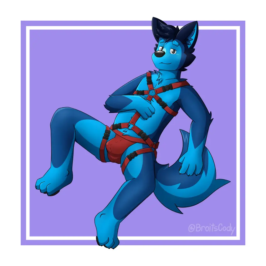 Image clothing,hi_res,looking_at_viewer,solo,male,tail,underwear,bedroom_eyes,seductive,feet,watermark,male_only,anthro,absurd_res,grey_eyes,canid,canine,canis,fur,mammal,wolf,black_nose,narrowed_eyes,biped,blue_body,blue_fur,toes,tuft,1:1,blue_inner_ear,pawpads,3_toes,black_ears,inner_ear_fluff,harness,jockstrap,blue_tail,black_pawpads,hand_on_chest,two_tone_tail,broitscody,multitoned_fur