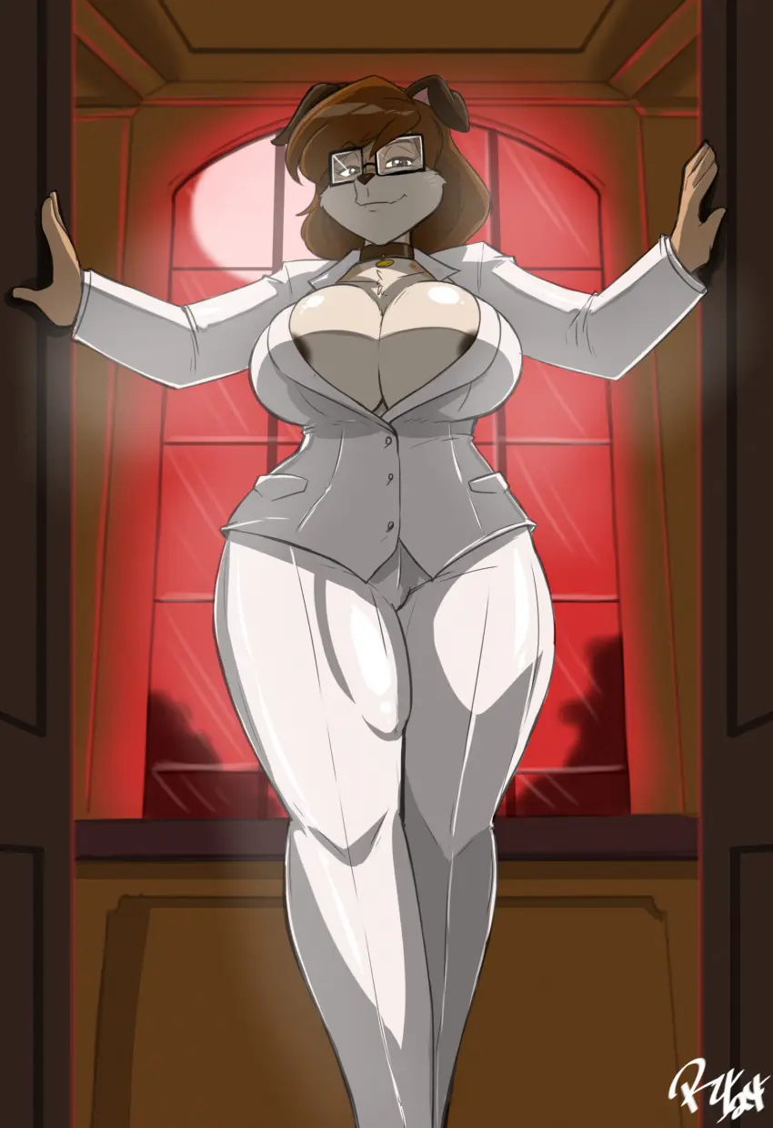 Image big_breasts,breasts,brown_eyes,clothed,clothing,hi_res,looking_at_viewer,solo,short_hair,futanari,intersex,areola,cleavage,white_clothing,eyewear,glasses,hair,anthro,brown_hair,bulge,penis_outline,collar,canid,canine,canis,domestic_dog,mammal,2024,anthro_only,fingers,genital_outline,areola_slip,detailed_bulge,wearing_glasses,suit,business_suit,rectangular_glasses,white_suit,pup_(doug_winger),shonuff