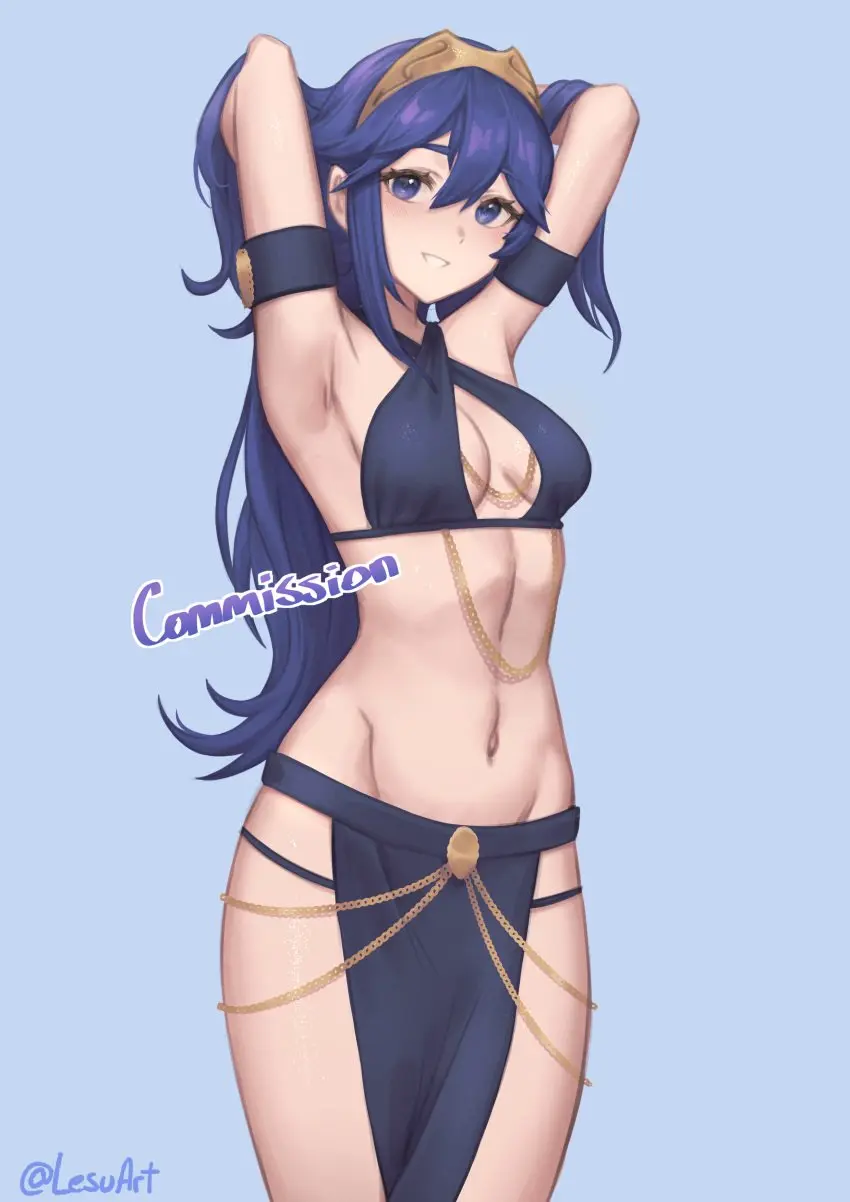 Image 1girls,breasts,female,female_only,highres,long_hair,looking_at_viewer,open_mouth,smile,solo,absurdres,blue_eyes,blue_hair,gloves,navel,thighs,bare_shoulders,nintendo,hair_between_eyes,alternate_costume,stomach,fire_emblem,fire_emblem_awakening,lucina_(fire_emblem),criss-cross_halter,halterneck,tiara,meme_attire,yomorio_lingerie,lesu,pelvic_curtain