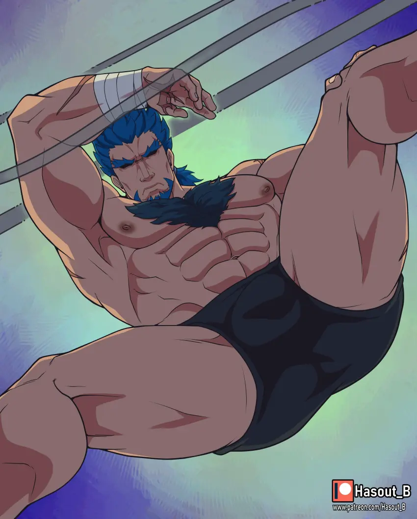 Image hi_res,nipples,solo,1boy,blue_hair,male,thighs,ponytail,muscular,muscular_male,armpits,male_only,yaoi,bara,bulge,underwear_only,pecs,thick_eyebrows,from_below,abs,scars,pectorals,beard,facial_hair,large_pectorals,muscular_arms,hairless_armpits,chest_hair,thick_chest_hair,muscular_chest,male_underwear,bandaged_wrist,bucchigiri?!,hasout_b,kenchiro_douman
