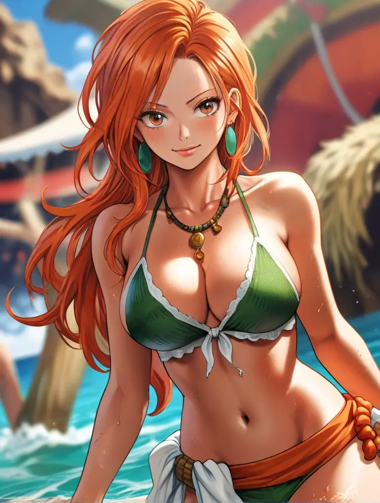 Image big_breasts,breasts,female,female_only,smile,bikini,one_piece,water,ai_generated,nami_(one_piece),orange_hair,post-timeskip,stable_diffusion,collar,green_bikini,ayatome