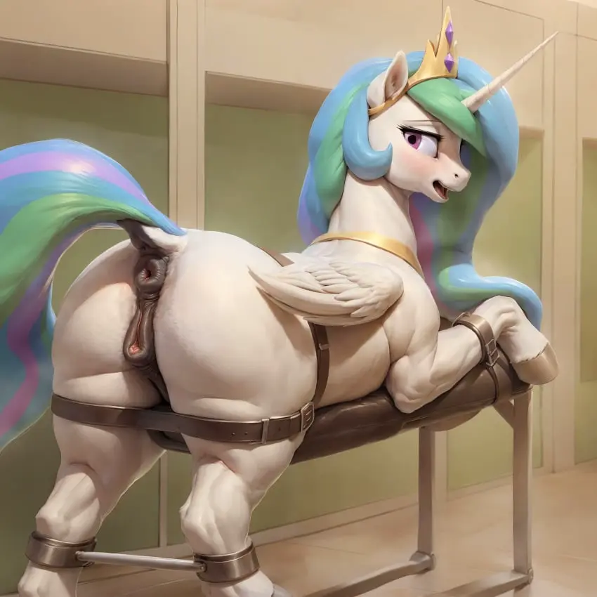 Image female,ai_generated,solo_female,wings,anus,restrained,bondage,my_little_pony,princess_celestia_(mlp),nervous_smile,equine_pussy,anatomically_correct,examination,breeding_mount,alicorn,spreader_bar,hospital,jasedward