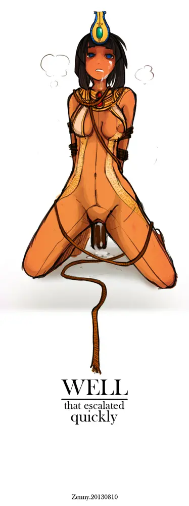 Image 1girls,female,solo,black_hair,blue_eyes,kneeling,dark_skin,goddess,mythology,smite,vaginal_penetration,dark-skinned_female,restrained,sex_toy,dildo,vaginal_insertion,bondage,egyptian,egyptian_mythology,neith_(smite),semen,bob_cut,arms_behind_back,rope,hi-rez_studios,zennore
