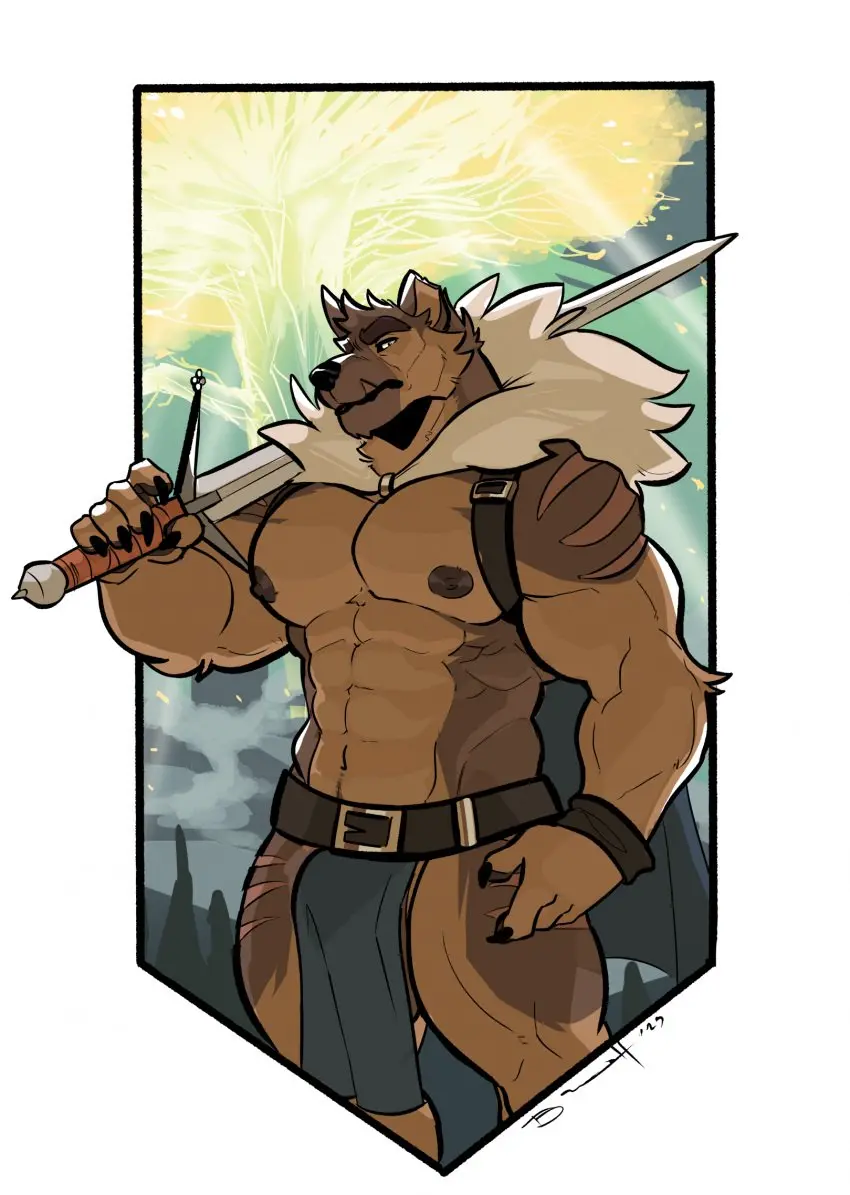 Image clothing, hi_res, looking_at_viewer, nipples, solo, male, muscular, muscular_male, male_only, anthro, bulge, canid, canine, canis, domestic_dog, genitals, mammal, muscular_anthro, pecs, abs, scar, weapon, bottomwear, barely_visible_genitalia, sword, herding_dog, pastoral_dog, melee_weapon, german_shepherd, loincloth, elden_ring, fromsoftware, baehotline, dal_(dal_your_pal)