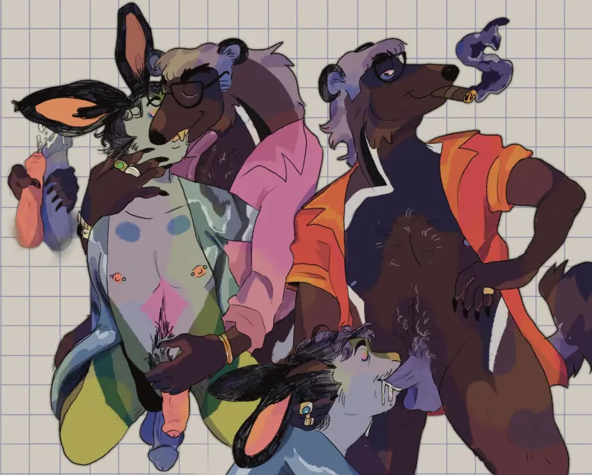 Image hi_res,male,oral,penis,sex,duo,humanoid_penis,anthro,gay,fur,genitals,mammal,green_body,kissing,humanoid_genitalia,brown_fur,mustelid,brown_body,lagomorph,leporid,rabbit,penis_in_mouth,green_fur,musteline,videonastyz