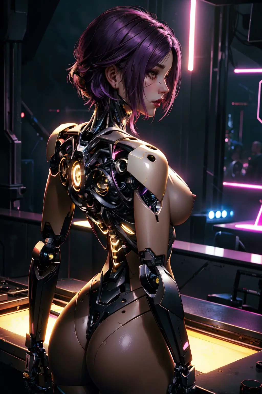 Image 1girls,breasts,female,nipples,no_bra,solo,standing,nude,short_hair,futanari,intersex,ai_generated,eyes,neck,side_view,sideboob,purple_hair,medium_hair,no_panties,upper_body,cyberpunk_2077,back_view,erect_nipples,violet_hair,robot,cybernetics,bob_cut,portrait,detailed_eyes,robot_joints,android,sarella,dark_purple_hair,futuristic,gynoid,joints,nape,spine,augmentation,character_art,emp_lines,songbird