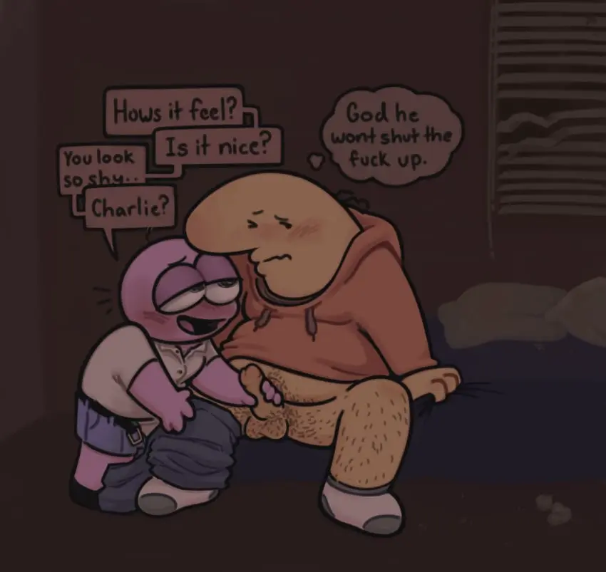 Image blush,pants,male,2boys,male_only,yaoi,looking_away,gay,2024,pink_skin,fat,overweight,yellow_skin,hairy,overweight_male,dirty_talk,no,jerking_off_another,pim_(smiling_friends),smiling_friends,charlie_(smiling_friends),mintyconolies