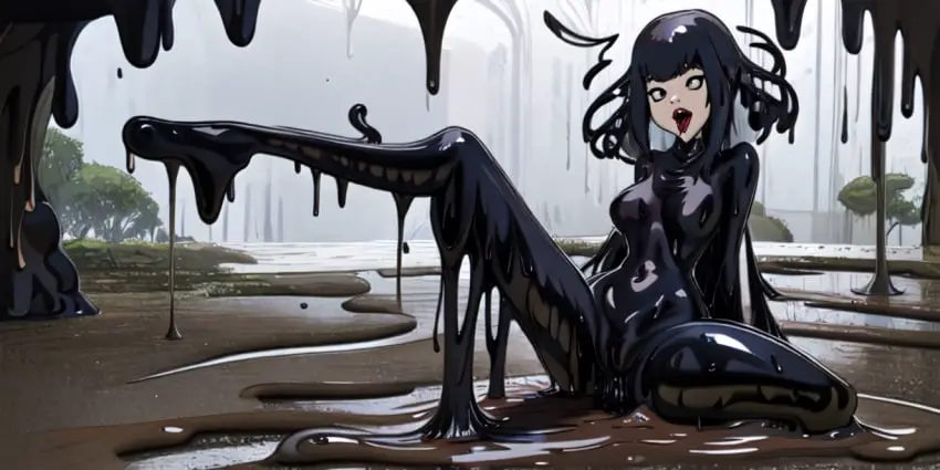 Image breasts,female,black_hair,ass,ai_generated,slime,transformation,corruption,encasement