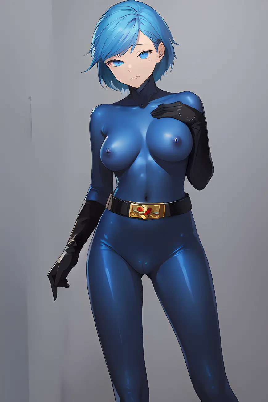 Image 1girls,clothing,female,female_only,solo,standing,ai_generated,cameltoe,latex,latex_clothing,bodysuit,tomboy,png,latex_suit,blue_bodysuit,blue_latex,zofa_soldier