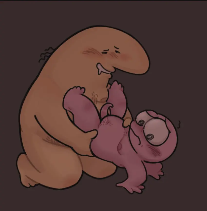 Image blush,male,2boys,anal,anal_sex,yaoi,drooling,purple_skin,gay,chubby,no_clothes,toony,nervous,yellow_skin,chubby_male,grabbing_hips,balding,pim_(smiling_friends),smiling_friends,middle_aged,charlie_(smiling_friends),mintyconolies