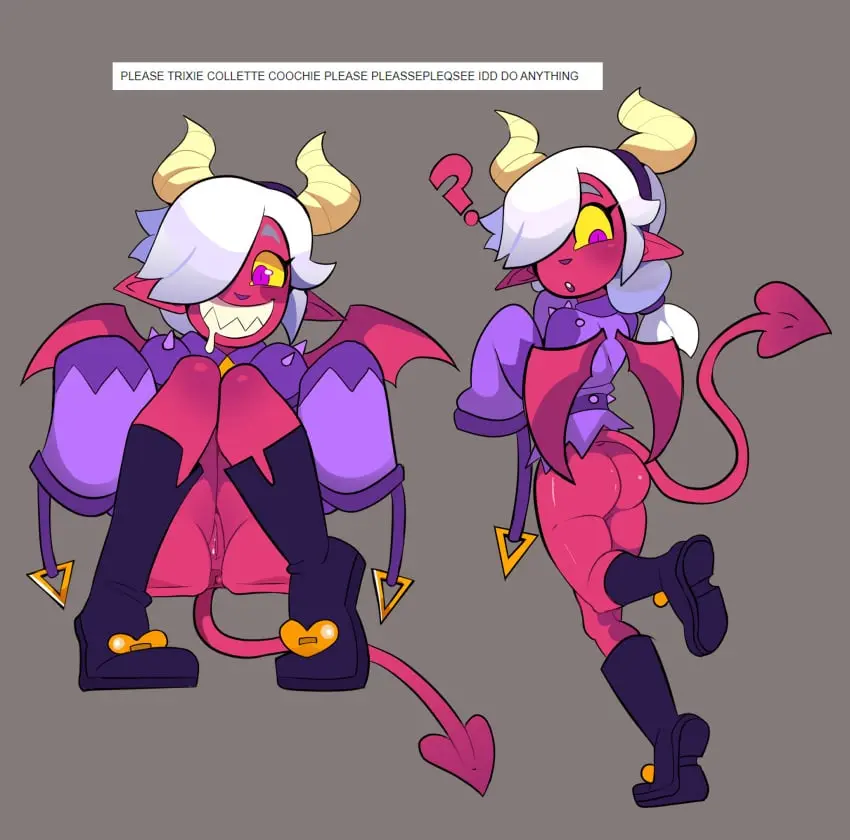 Image female,white_hair,pussy,horns,wings,demon,pointy_ears,demon_girl,brawl_stars,pink_skin,sitting_on_floor,colette_(brawl_stars),pin_up,heart_tail,trixie_colette_(brawl_stars),calaziike,calazotauvu