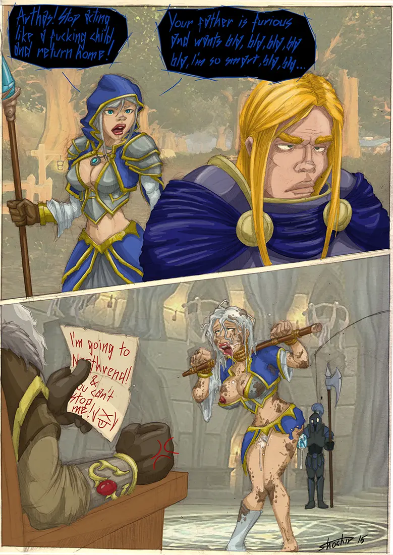 Image 1girls,female,human,light-skinned_female,light_skin,1boy,male,warcraft,world_of_warcraft,restrained,dialogue,bondage,blizzard_entertainment,jaina_proudmoore,instant_loss_2koma,human_(world_of_warcraft),arthas_menethil,shockir,terenas_menethil