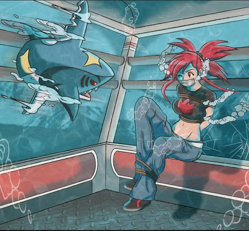 Image red_eyes,pokemon,pokemon_(species),red_hair,one_eye_closed,asphyxiation,bondage,pokémon_(species),gag,gagged,bound_ankles,underwater,arms_tied_behind_back,tape_gag,drowning,bubbles,peril,flannery_(pokemon),iscreamman001,sharpedo