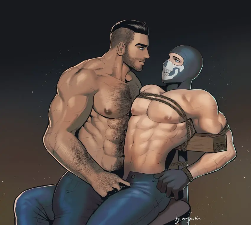 Image male,muscular,muscular_male,2boys,male/male,male_only,yaoi,looking_at_partner,pinup,gay,bara,restrained,eye_contact,bondage,male_focus,restraints,tied_to_chair,hairy,hairy_male,hairy_chest,no_visible_genitalia,suggestive,rope,restrained_arms,shirtless,rope_bondage,ropes,muscular_chest,call_of_duty,simon_riley,call_of_duty:_modern_warfare_2,john_mactavish,balaclava,areyouhun