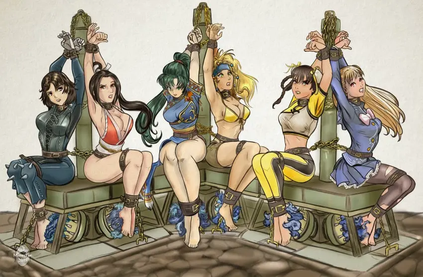 Image big_breasts,breasts,brown_eyes,clothing,female,female_only,highres,human,large_breasts,long_hair,looking_at_viewer,red_eyes,absurdres,multiple_girls,barefoot,feet,armpits,arms_up,artist_name,midriff,feathers,2d,blonde_hair,green_eyes,medium_breasts,sitting,pale_skin,brown_hair,nintendo,2019,green_hair,restrained,collar,revealing_clothes,bikini_top,final_fantasy,fire_emblem,bondage,angry,matching_hair/eyes,atlus,persona,femsub,fully_clothed,kunoichi,chains,dead_or_alive,crossover,megami_tensei,persona_5,bound,bound_wrists,bound_ankles,square_enix,king_of_fighters,capcom,street_fighter,shackles,fatal_fury,mai_shiranui,snk,chinese_clothes,6+girls,6girls,multiple_subs,bound_legs,phantom_thief_suit,lyn_(fire_emblem),makoto_niijima,fire_emblem:_the_blazing_blade,team_ninja,tecmo,street_fighter_alpha,capcom_fighting_all-stars,capcom_fighting_evolution,capcom_fighting_jam,final_fantasy_x-2,ingrid_(capcom),lei_fang,mistereye,rikku