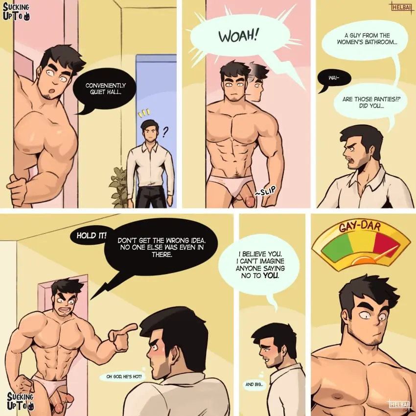Image nipples,male,penis,underwear,muscular,muscular_male,2boys,male_only,yaoi,white_underwear,text,tagme,cock,gay,pubic_hair,bara,comic,english_text,abs,speech_bubble,pubes,beard,almost_naked,facial_hair,muscular_chest,shapeshifter,helbai,sucking_up_to_death,whyhelbram