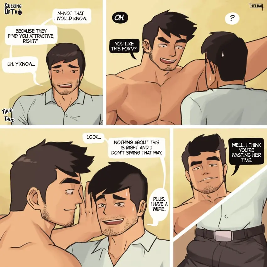 Image nipples,male,erection,muscular,muscular_male,2boys,male_only,yaoi,text,tagme,gay,pubic_hair,bara,bulge,comic,english_text,abs,speech_bubble,pubes,bulge_through_clothing,beard,almost_naked,facial_hair,muscular_chest,shapeshifter,helbai,sucking_up_to_death,whyhelbram