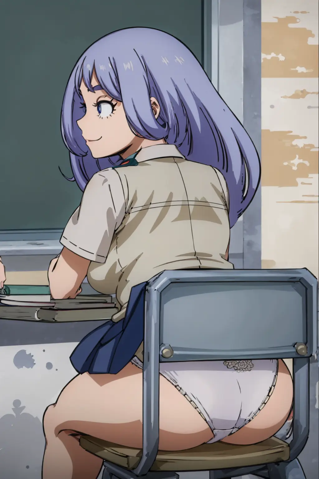 Image big_breasts,breasts,female,shirt,smile,panties,huge_ass,ai_generated,happy,my_hero_academia,stable_diffusion,sitting,school_uniform,boku_no_hero_academia,skirt,light_blue_hair,light_blue_eyes,sitting_on_chair,wardrobe_malfunction,chair,lifting_shirt,aindroidparanoid,desk,hadou_nejire,nejire_hado,skirt_caught_on_object,chair_embarrassment,sitting_at_desk