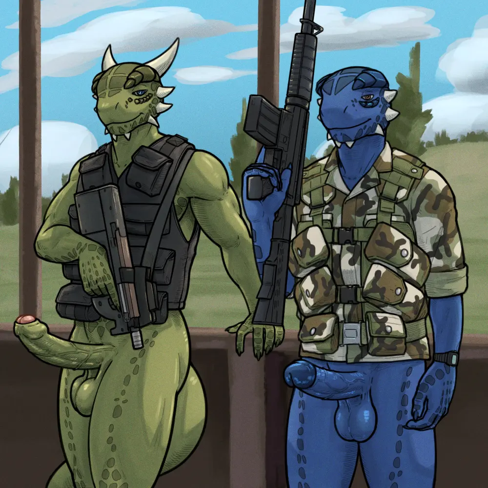 Image clothed,clothing,looking_at_viewer,smile,blue_eyes,male,penis,tail,big_penis,duo,erection,humanoid_penis,muscular,muscular_male,male_only,balls,anthro,big_balls,genitals,holding_object,muscular_anthro,horn,bottomless,blue_body,reptile,scales,scalie,humanoid_genitalia,holding_weapon,weapon,topwear,1:1,spikes,ranged_weapon,pattern_clothing,bethesda_softworks,microsoft,the_elder_scrolls,gun,blue_scales,argonian,gear,camo,camo_clothing,camo_print,tall_lizzard_(artist),shen_(archshen),tristen