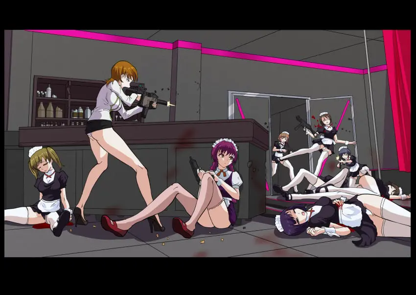 Image breasts,female,highres,large_breasts,long_hair,open_mouth,absurdres,blue_hair,multiple_girls,short_hair,thighhighs,lying,panties,underwear,ass,small_breasts,brown_hair,closed_eyes,purple_hair,indoors,braid,twintails,blood,maid,skirt,maid_headdress,dying,microskirt,twin_braids,wide-eyed,white_thighhighs,on_floor,black_skirt,6+girls,brown_thighhighs,death,corpse,female_death,firing,multiple_deaths,gunshot_wound,hiiragi_najica,lila_(najica),najica_blitz_tactics,najica_dengeki_sakusen,xfqn
