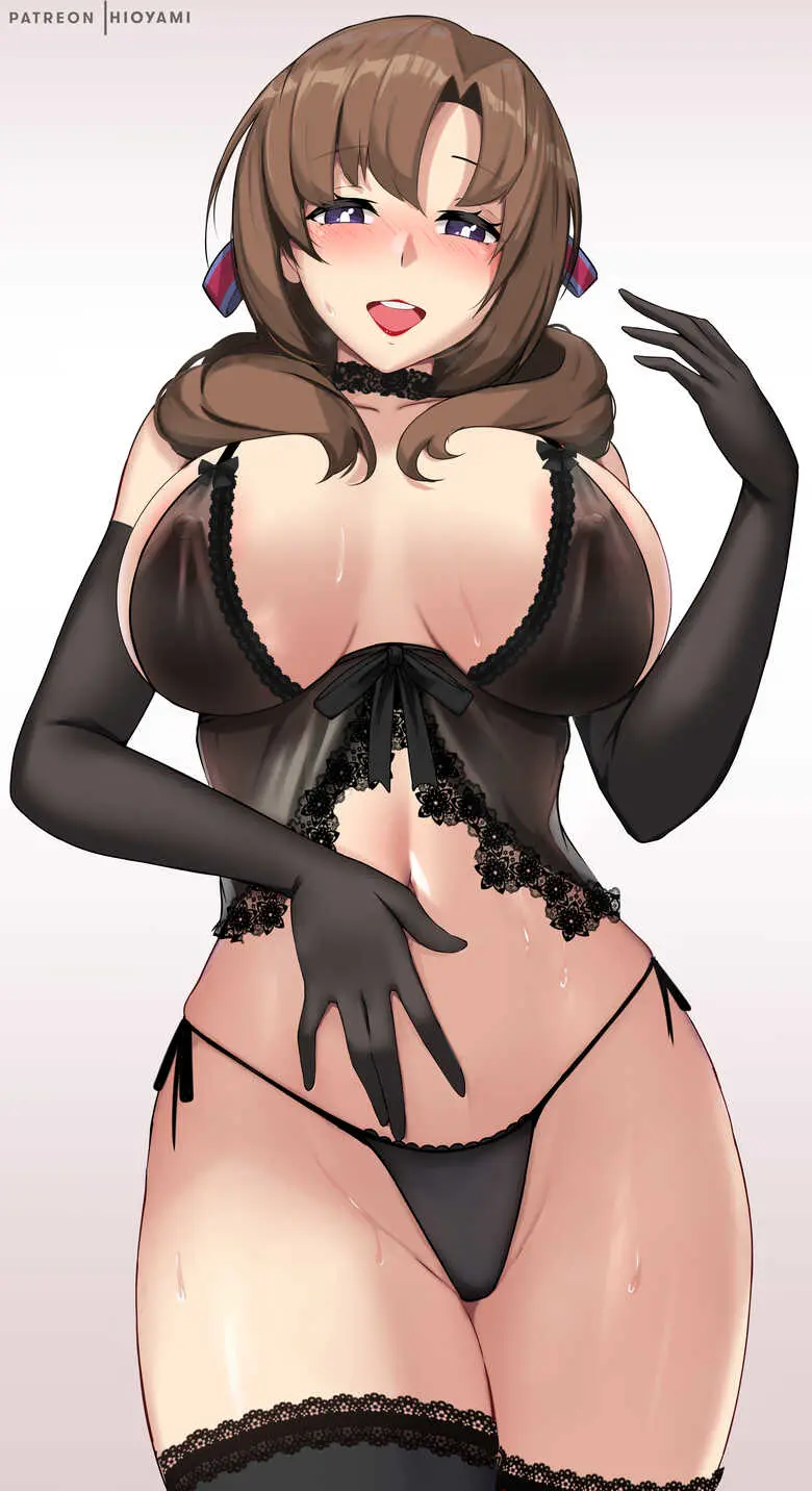 Image big_breasts,blush,breasts,female,female_only,looking_at_viewer,nipples,open_mouth,simple_background,black_legwear,gloves,sweat,thighhighs,choker,thick_thighs,patreon_username,belly_button,eyebrows_visible_through_hair,lingerie,purple_eyes,brown_hair,mature_female,black_panties,red_lipstick,hourglass_figure,see-through,nipples_visible_through_clothing,erect_nipples,lingerie_only,black_armwear,hand_on_stomach,hair_on_shoulders,hioyami,do_you_love_your_mom_and_her_two-hit_multi-target_attacks?,oosuki_mamako,tsuujou_kougeki_ga_zentai_kougeki_de_ni-kai_kougeki_no_okaasan_wa_suki_desu_ka?