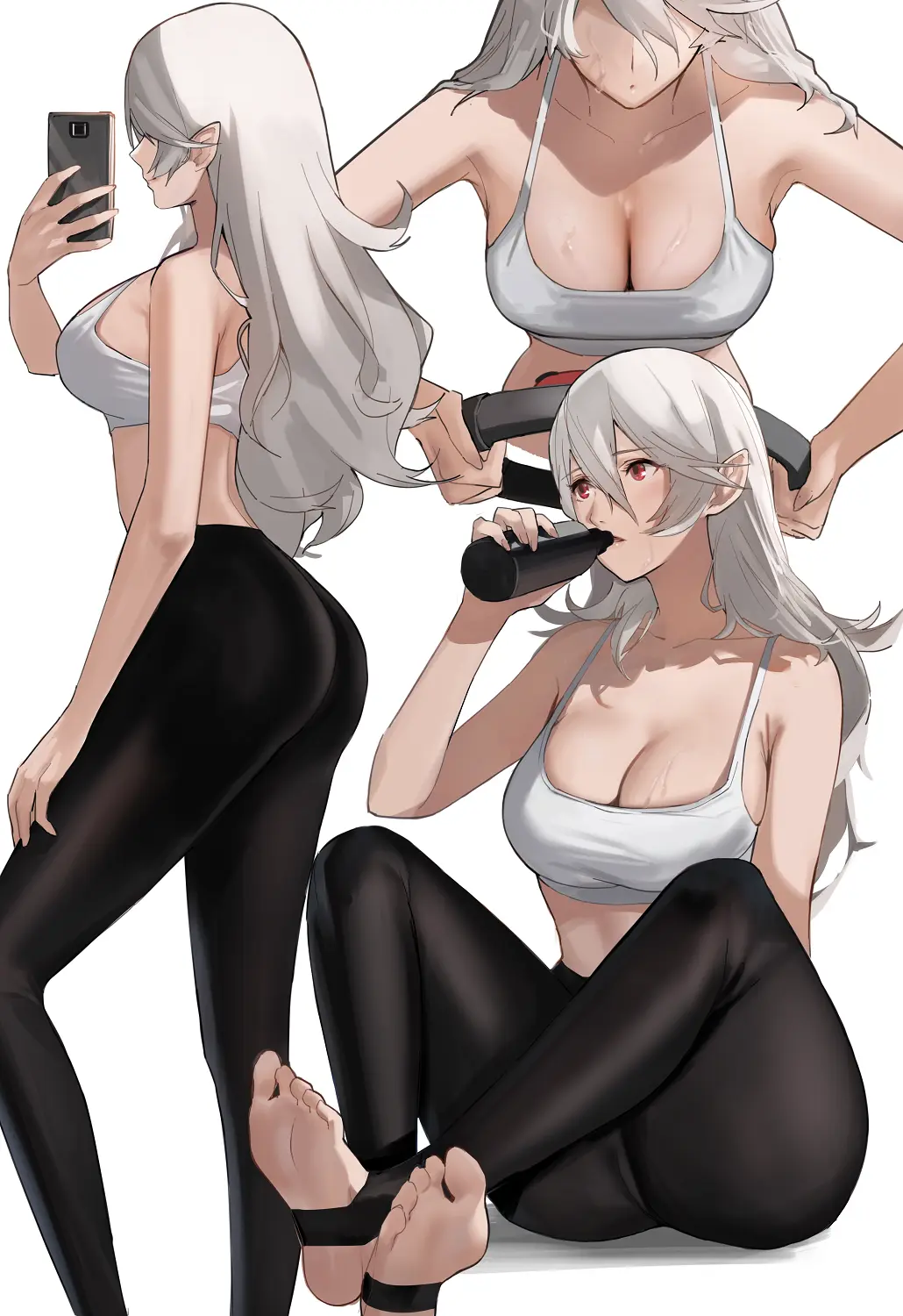Image 1girls,breasts,female,large_breasts,long_hair,red_eyes,white_hair,ass,feet,sports_bra,midriff,nintendo,fire_emblem,fire_emblem_fates,stirrup_legwear,holding_phone,phone,yoga_pants,corrin_(fire_emblem),corrin_(fire_emblem)_(female),water_bottle,white_sports_bra,joy-con,black_yoga_pants,exercising,holding_water_bottle,j@ck,ring_fit_adventure,ringcon_controller