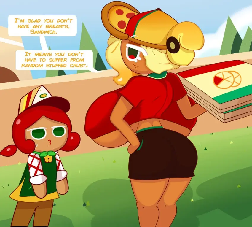 Image breasts,clothed,female,female_only,no_bra,big_ass,underboob,huge_breasts,public,nipples_visible_through_clothing,teasing,backboob,casual,cookie_run,public_nudity,fromariels,pizza_delivery,pizza_cookie,sandwich_cookie