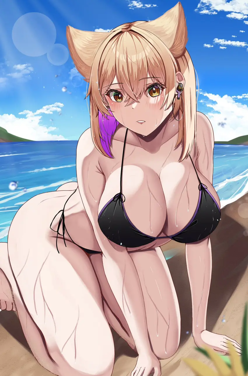 Image 1girls,big_breasts,blush,breasts,female,looking_at_viewer,solo,touhou,short_hair,yellow_eyes,bikini,big_ass,earrings,thick_thighs,thighs,barefoot,gradient_hair,wide_hips,beach,hips,bare_shoulders,cleavage,2d,blonde_hair,wet,purple_hair,outdoors,on_knees,all_fours,day,earbuds,sideass,source,toyosatomimi_no_miko,breasts_focus,hair_ears,hossy
