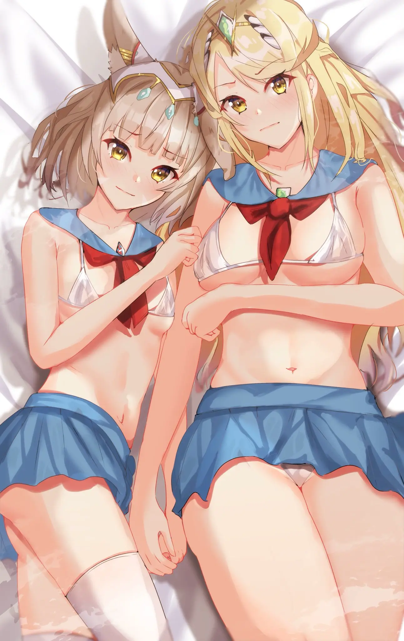 Image big_breasts,breasts,clothing,female,female_only,grey_hair,long_hair,looking_at_viewer,2girls,multiple_girls,navel,short_hair,thighhighs,yellow_eyes,bra,panties,small_breasts,midriff,white_bra,blonde_hair,stockings,nintendo,miniskirt,skirt,white_panties,core_crystal,xenoblade_(series),xenoblade_chronicles_2,blue_skirt,flat_chest,cosplay,tiara,xenoblade_chronicles_3,mythra,sailor_collar,sailor_uniform,bishoujo_senshi_sailor_moon,nia,queen_nia,micro_bra,sailor_moon_(cosplay),vanssey