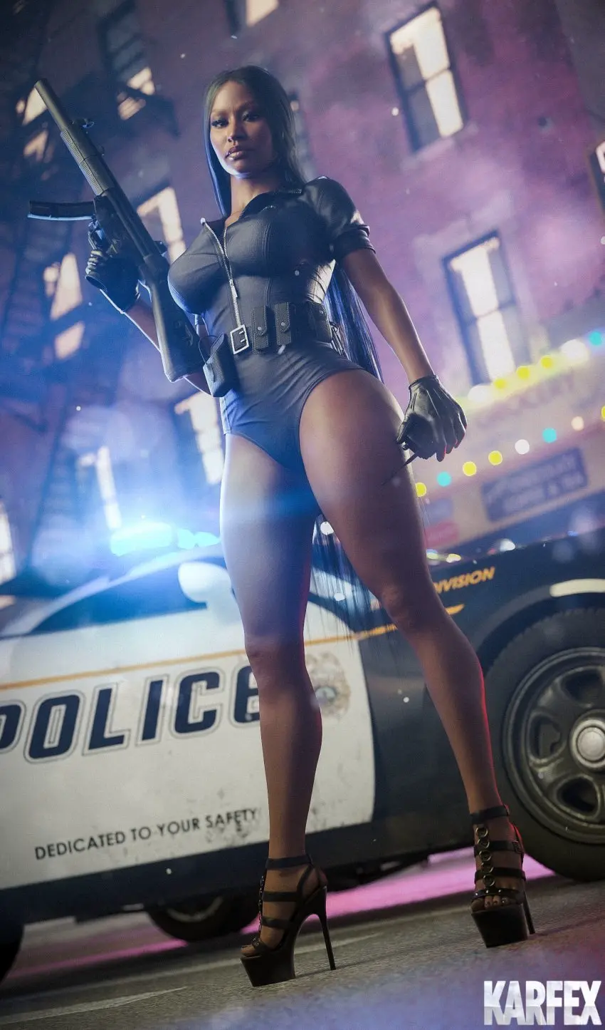 Image 1girls,female,female_only,solo,black_hair,dark_skin,dark-skinned_female,3d,high_heels,black_toenail_polish,weapon,gun,celebrity,nicki_minaj,call_of_duty,real_person,police_car,karfex