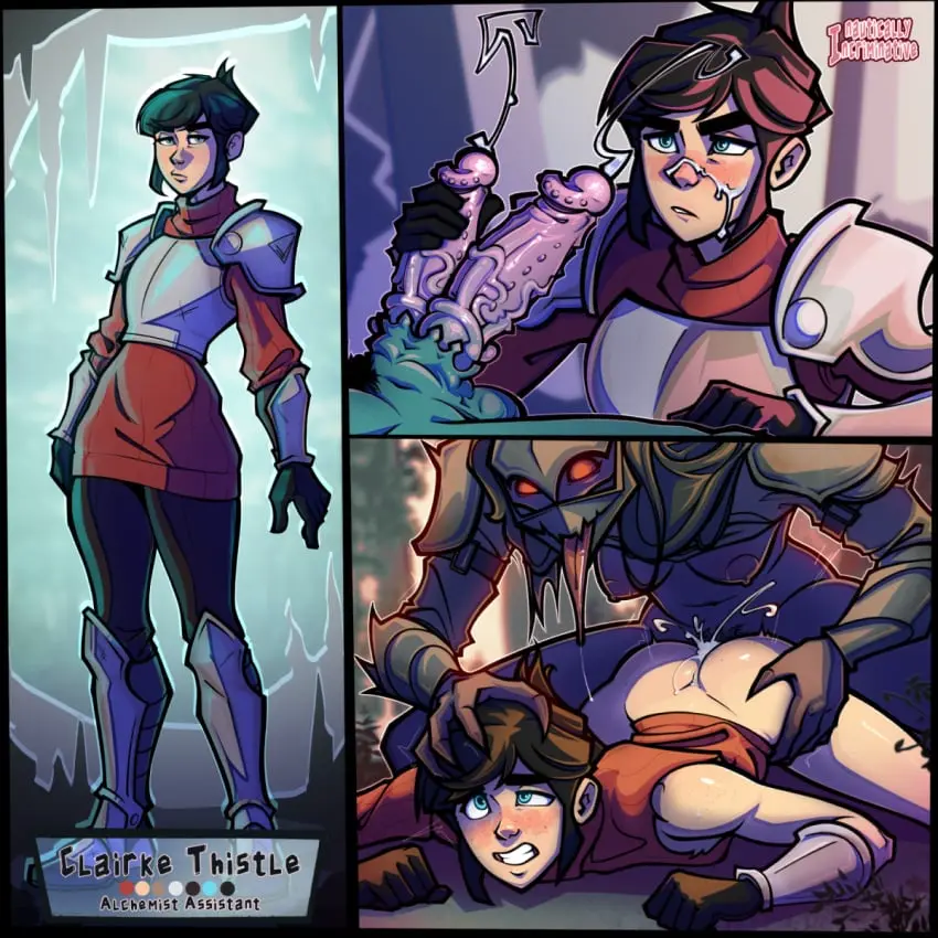 Image blush,standing,1boy,black_hair,blue_eyes,cum_on_face,hand_on_head,male,penis,ass,sex,doggy_style,anal,femboy,monster,original,clenched_teeth,dubious_consent,male_penetrated,grabbing_penis,armor,multi_genitalia,red_shirt,diphallia,diphallism,multi_penis,nauticallyincriminative,clairke_thistle_(nauticallyincriminative)