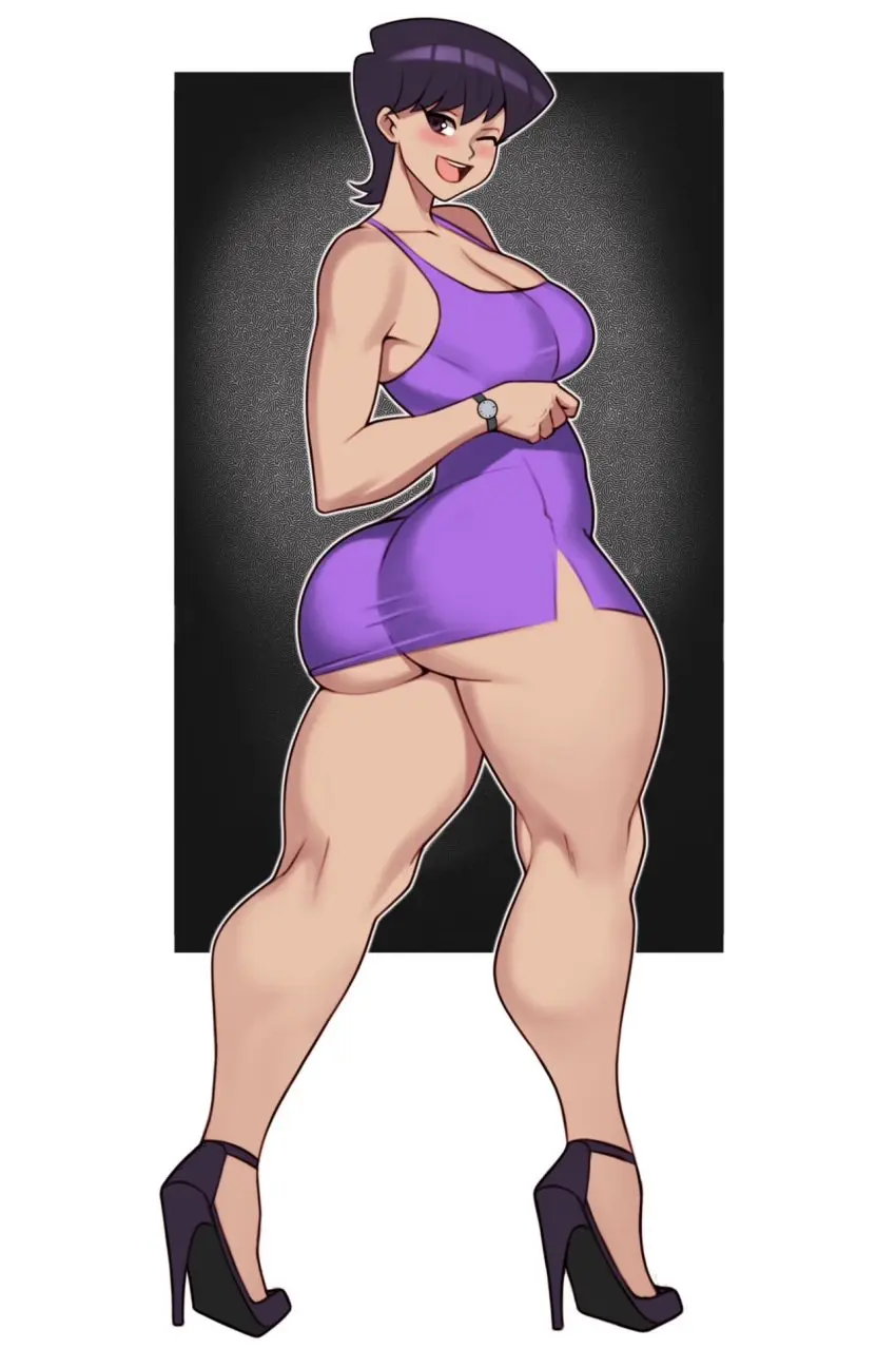 Image 1girls,blush,breasts,female,female_only,hi_res,looking_at_viewer,solo,white_background,black_hair,ass,female_focus,huge_ass,looking_back,thick_thighs,thighs,milf,smiling,smiling_at_viewer,cleavage,black_background,thick_ass,wink,winking_at_viewer,dress,heels,2024,looking_back_at_viewer,purple_dress,komi-san_wa_komyushou_desu,komi_shuuko,jakuson_z