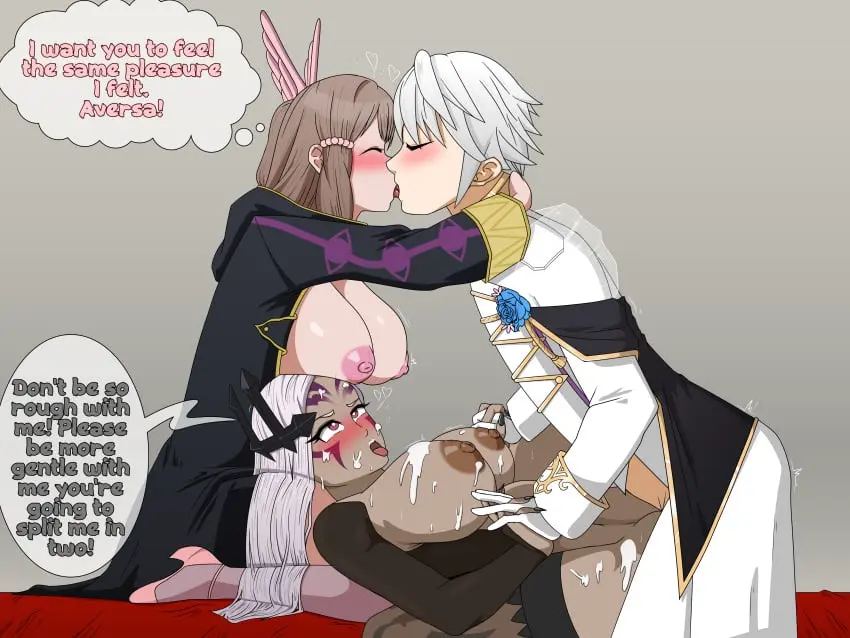 Image breasts, breasts_out, female, grey_hair, large_breasts, long_hair, nipples, 1boy, 2girls, cum, ffm_threesome, group_sex, male, multiple_girls, short_hair, thighhighs, threesome, tongue_out, tongue, sex, thighs, kneeling, dark_skin, rough_sex, bare_thighs, text, spread_legs, cum_on_breasts, ahe_gao, vaginal_penetration, brown_hair, closed_eyes, dark-skinned_female, nintendo, high_heels, cum_on_body, alternate_costume, fire_emblem, fire_emblem_awakening, english_text, kissing, fucked_silly, rolling_eyes, cosplay, coat, cum_on_leg, swingers, robin_(fire_emblem), robin_(fire_emblem)_(male), naked_coat, aversa_(fire_emblem), robin_(fire_emblem)_(cosplay), sumia_(fire_emblem), wellstuffs
