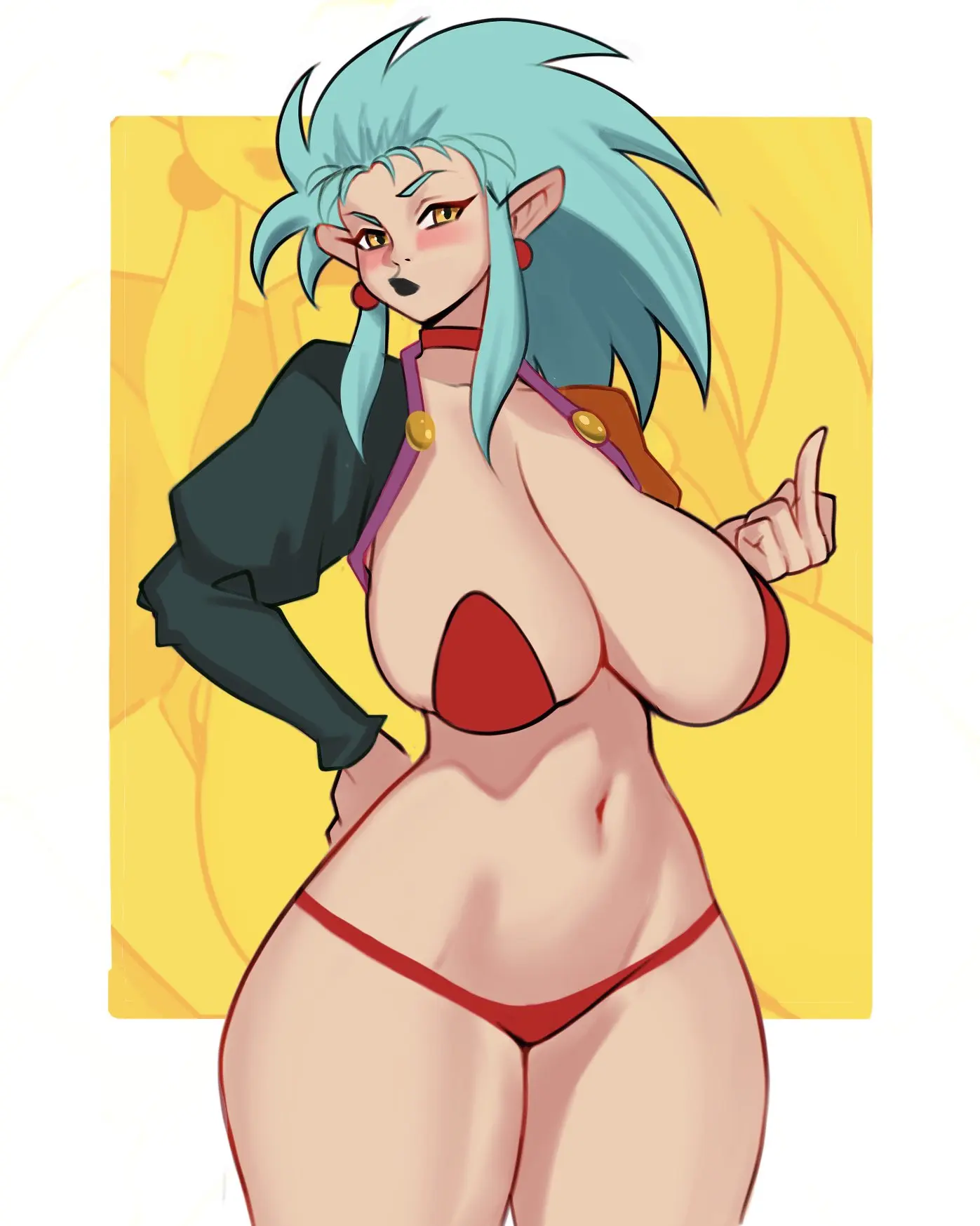 Image 1girls,big_breasts,blush,breasts,female,female_only,hi_res,long_hair,looking_at_viewer,solo,panties,earrings,thick_thighs,aqua_hair,humanoid,hand_on_hip,skimpy,skimpy_clothes,2024,middle_finger,black_lipstick,amber_eyes,ryoko_hakubi,tenchi_muyo!,jakuson_z