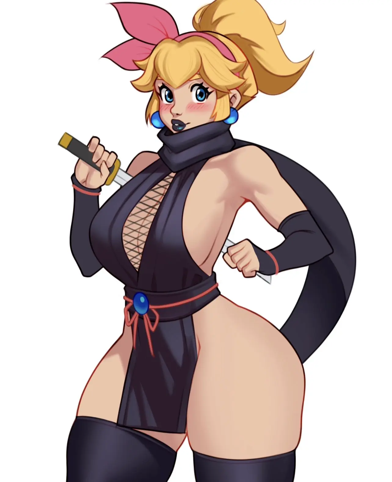 Image 1girls, blush, breasts, female, female_only, hi_res, looking_at_viewer, solo, white_background, black_legwear, blue_eyes, earrings, thick_thighs, ponytail, smiling, smiling_at_viewer, sideboob, blonde_hair, hair_ribbon, mario_(series), nintendo, lipstick, legwear, 2024, princess_peach, ninja, sword, thigh_squish, princess_peach:_showtime!, jakuson_z, ninja_peach
