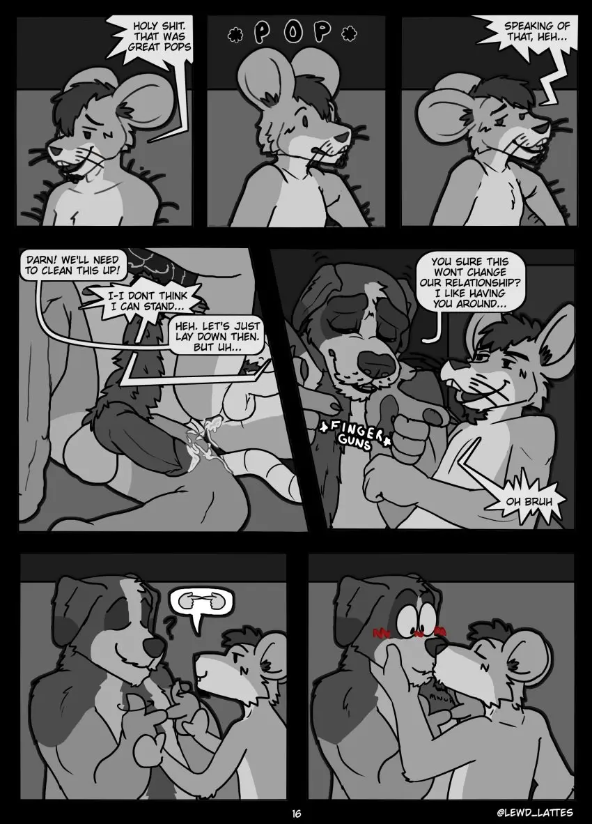 Image blush,hi_res,cum,male,duo,erection,anthro,text,absurd_res,bed,comic,genital_fluids,bodily_fluids,canid,canine,canis,domestic_dog,mammal,english_text,kissing,original_characters,mouse,murid,furniture,gesture,hand_gesture,murine,rodent,page_number,kiss_on_lips,molosser,mountain_dog,saint_bernard,page_16,lewd_latte,finger_gun