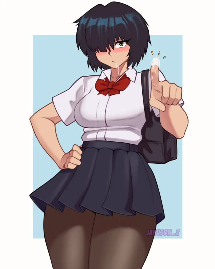 Image 1girls,blush,breasts,female,female_only,hi_res,looking_at_viewer,solo,black_hair,female_focus,thighs,hair_over_one_eye,drooling,green_eyes,schoolgirl,school_uniform,saliva,hand_on_hip,skirt,2024,pantyhose,backpack,neck_ribbon,saliva_on_tongue,pointing_at_viewer,jakuson_z,mysterious_girlfriend_x,nazo_no_kanojo_x,urabe_mikoto